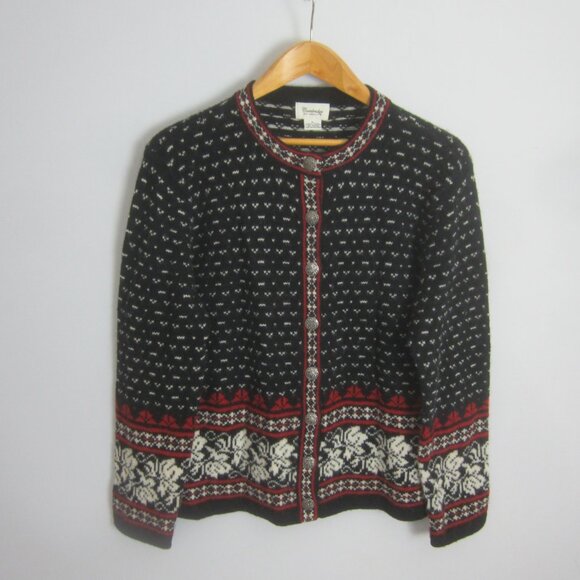 Vtg Cambridge Dry Goods Womens L Black Red Nordic 100% Wool Cardigan Sweater - Picture 1 of 9